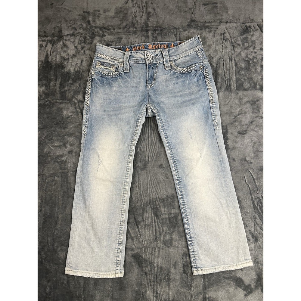 Rock Revival Women's Light Wash Blue Denim Capri Jeans Slim Mid Rise Embroidered